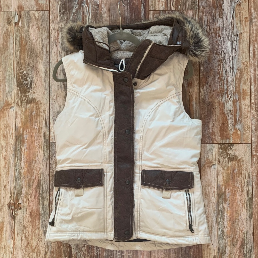 Kuhl White and Brown Hooded Vest with Faux Fur